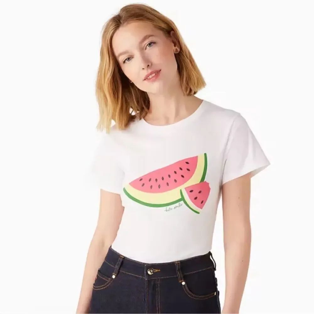 kate spade XS & XL White Watermelon Slice Print Short Sleeve Crew Tee